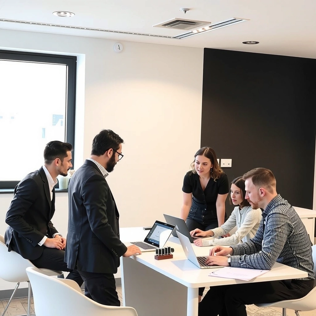 Marketing team collaboration in modern office